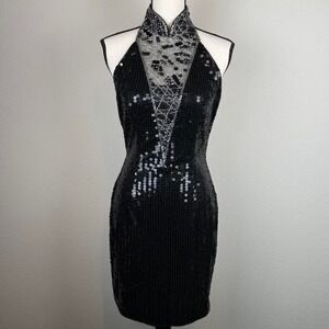 Black Sequin Beaded Halter Mini Dress Size 8